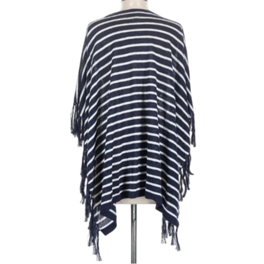Talbots XS Blue White Striped Linen Blend Poncho Fringe Nautical Preppy Classic - Picture 3 of 8